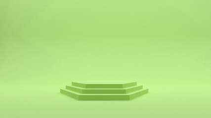 Demonstration stand. Hexagon green podium on a green background. A pedestal for the winner. Banner for advertising. 3d render.