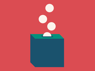 Foundation symbol. Abstract geometric bauhaus style illustration. Coins falling in a box. Minimalist  style graphic element on a red background.