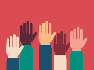 Volunteering illustration. Different hands of diferent ethnicies people raising hands up. Isolated graphic on a rolor background.