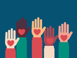 Volunteering illustration. Hands of different people raised up with hearts in their hands. Ilsolated graphic element. 