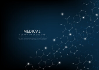 Abstract hexagon lines pattern on dark blue background. Medical and science, structure molecule dna concept.