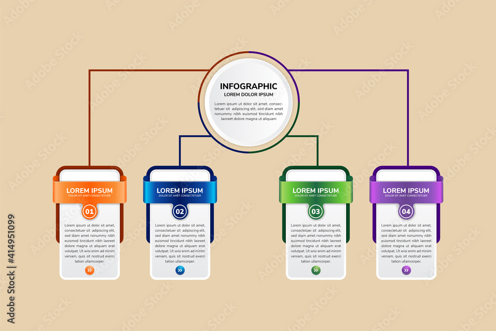 Poster diagram with 4 rectangular elements connected to main circle. scheme for business analysis and strat