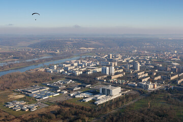 Mantes-La-Jolie seen fron the sky in Yvelines department, France