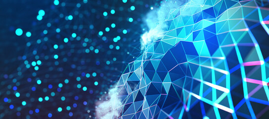 Big data and cybersecurity 3D illustration. Neural network and cloud technologies. Global database and artificial intelligence. Bright, colorful background with bokeh effect