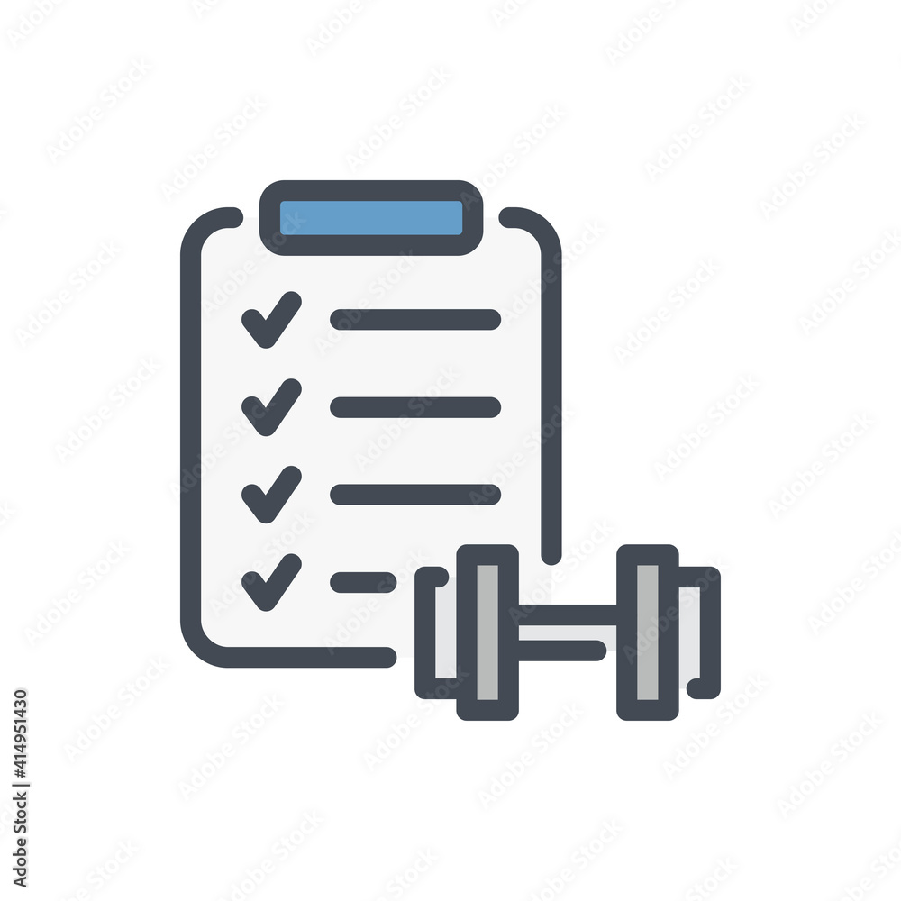 Poster clipboard with checklist and dumbbell color line icon. training and exercise schedule vector outline