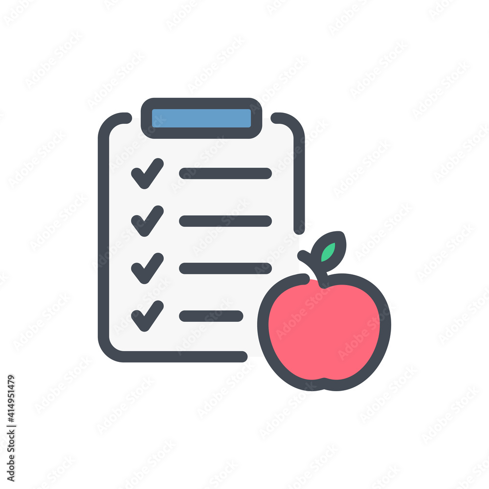 Poster meal schedule and planner color line icon. clipboard with checklist and apple fruit vector outline c