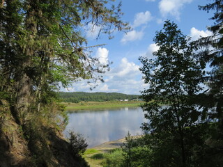 swater, river, lake, landscape, nature, sky, summer, tree, reflection, tree, green, forest, blue, clouds, grass, view, 