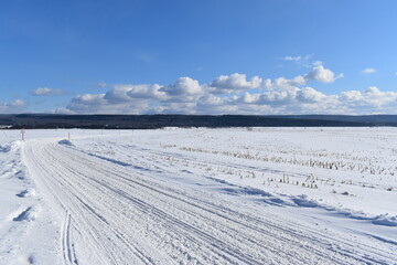 Fototapeta na wymiar A snowmobile trail under a blue sky, Montmagny, Québec