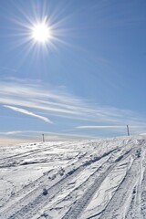 Fototapeta na wymiar A snowy field under a blue sky, Sainte-Apolline, Québec