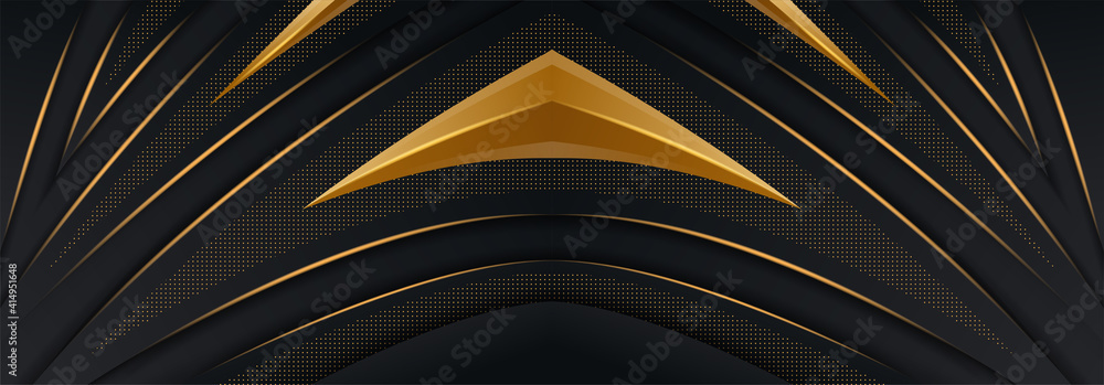 Poster abstract curve overlapping on black background with golden lines curve element. dots golden pattern 