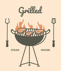 Grill steak house vintage vector illustration label, card, emblem or logo template. Steak and barbecue grill vector icon
