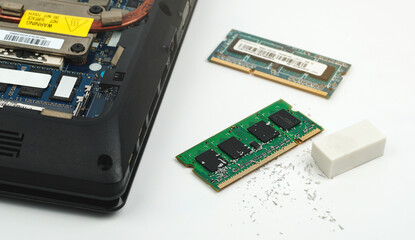 Workers in service centers clean dust at Random Access Memory or Electronic RAM board with eraser.