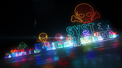 System hacked alert with skull symbol abstract 3d illustration