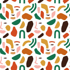 Abstract seamless pattern illustration with natural shapes, freehand matisse style modern decoration. Trendy fashion background includes minimalist terrazzo art and random woman face doodles. 