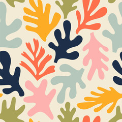 Abstract leaf cutout shapes seamless pattern. Trendy colorful freehand leaves background design. Matisse inspired decoration wallpaper, childish nature symbols.