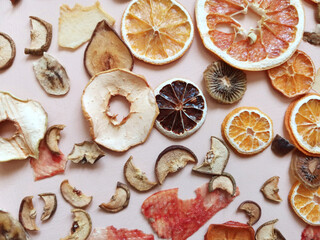  dried fruit pattern. Healthy sweets fruit chips. Diet vitamin food and vegan food