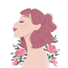 Beauty female portrait decorated with pink peonies flowers. Young woman avatar. Girl with pink hair. Vector illustration