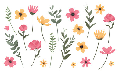 Flower and branch collection. Set of vintage style  flowers, peonies, anemones, daisies, and cornflowers isolated on wihite background. Vector illustration. - 414952249