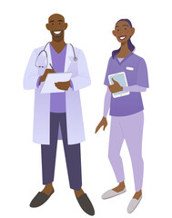 Friendly African American doctors in medical uniform. Smiling man and woman physicians.  Friendly therapist and nurse. Isolated on white vector illustration. - 414952280