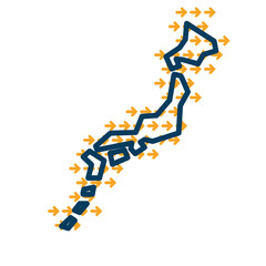 Japan simple outline map with yellow direction guide arrows.