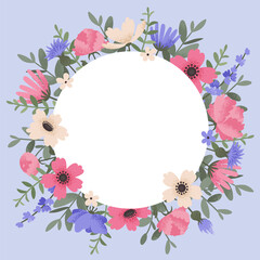 Floral background design with summer flowers. Greeting card with place for text. Template for invitation card with beautiful peonies and anemone flowers. Vector illustration - 414952466