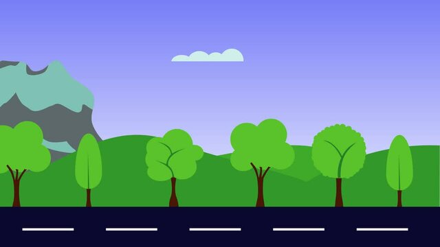 Nature landscape animation of hills , mountain and road, flat design, seamless loop