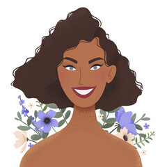 Beauty female portrait decorated with flowers. Elegant woman avatar with floral background. Vector illustration - 414952648