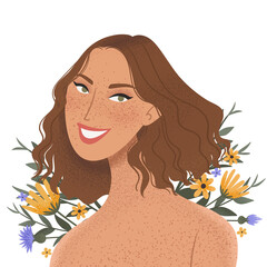 Beauty female portrait decorated with flowers. Elegant woman avatar with floral background. Vector illustration - 414952654