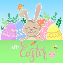 Happy Easter card with bunny and eggs. Square banner with hand drawn lettering. Vector illustration
