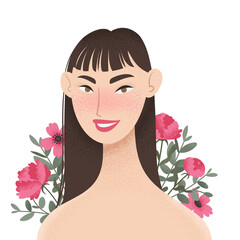 Beauty female portrait decorated with pink peonies flowers. Elegant Asian woman avatar with floral background. Vector illustration - 414952694