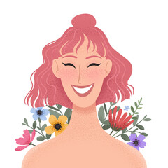 Beauty female portrait decorated with colorful flowers. Smiling young woman avatar. Girl with pink hair. Vector illustration