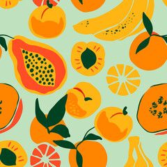Retro summer fruit flat cartoon seamless pattern. Trendy colorful food background design. Exotic season product decoration. Banana, orange, peach and more healthy fruits.