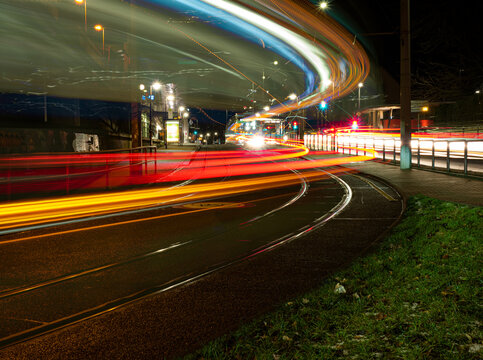 A longexposure in jena city at night close to tram