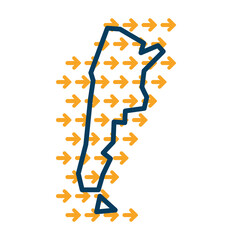 Argentina simple outline map with yellow direction guide arrows.