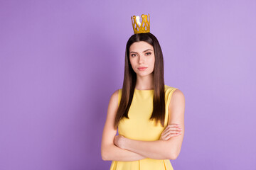 Portrait of attractive content girl wearing diadem folded arms isolated over violet purple pastel...