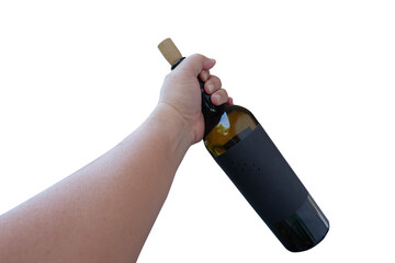 Wine bottle in hand for celebration on white background