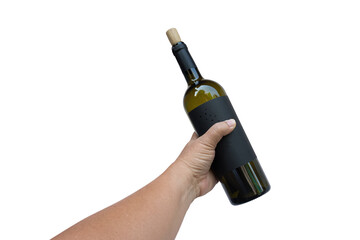 Wine bottle in hand for celebration on white background
