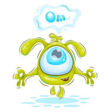 recommend clip art: Meditating monster.
                    Cute illustration of a meditating monster, with a cloud of thought and the word Om. Positive and unique design. Children's bright illustration. 