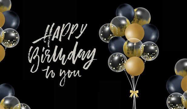 Happy Birthday with black background and balloons very luxury