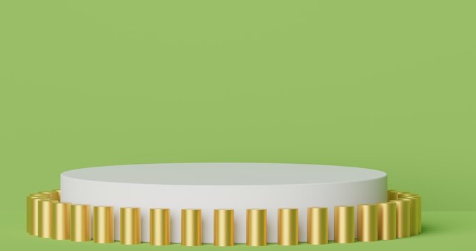3d rendering studio with geometric shapes, podium on the floor. Platforms for product presentation, mock up background. Abstract composition in minimal design.