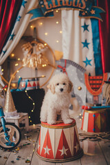 Stylized circus photo zone. White poodle puppy. © Evgeniya
