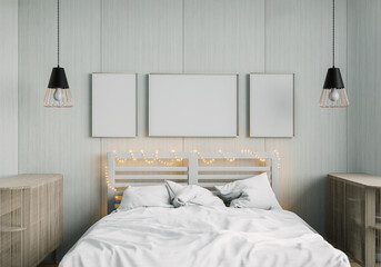 3d rendering mockup Home interior  bed with decor elements. wooden frame.