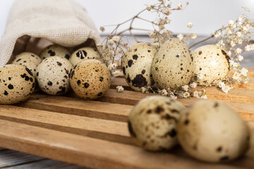 organic farmer Quail eggs on a wooden surface, recipe, selective focus. Protein diet. Rustic style. Easter concept