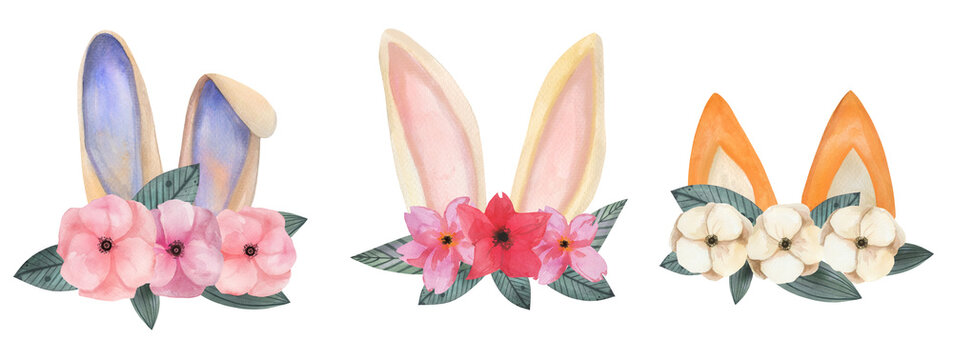 Cute adorable kids animal ears easter decoration set. Fox, bunny, rabbit with floral wreath arrangements. Spring flowers in bloom pastel pale colors.