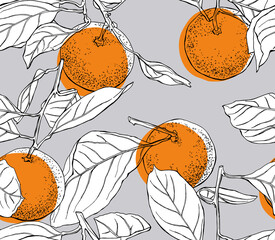 Seamless wallpaper pattern. Orange Tangerine with leaves on a gray background. Textile composition, hand drawn style print. Vector illustration.