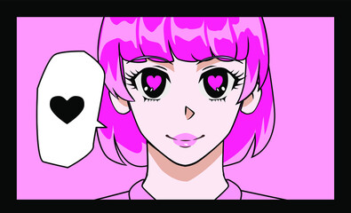 Vaporwave retro cartoon anime character. Сomic strip with short-haired girl and speech bubble.