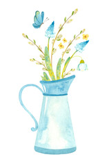 Blue jug with spring flowers, pussy willow and butterfly..Themed template for Easter cards, posters, banners. Watercolor clipart on white background