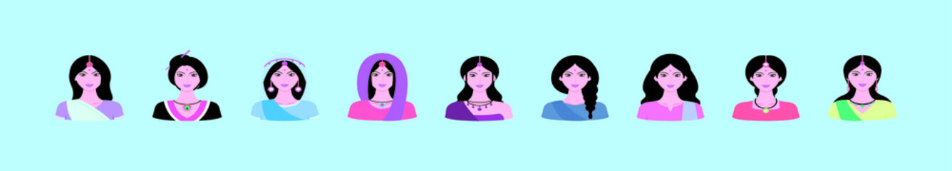 set of indian women cartoon icon design template with various models. vector illustration isolated on blue background