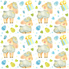 Seamless pattern with baby sheep. Easter template with cute lamb, Easter eggs and butterflies in blue-green palette. Watercolor clipart on white background