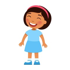 Laughing little girl. Cheerful Latin-American child with a smile on face standing alone cartoon character. Lonely kid in good mood, person happy expression isolated on white background